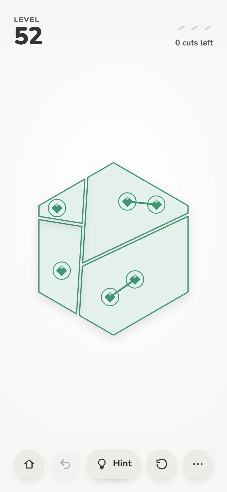 A solved level: every gem, including a linked pair, alone in its own piece.